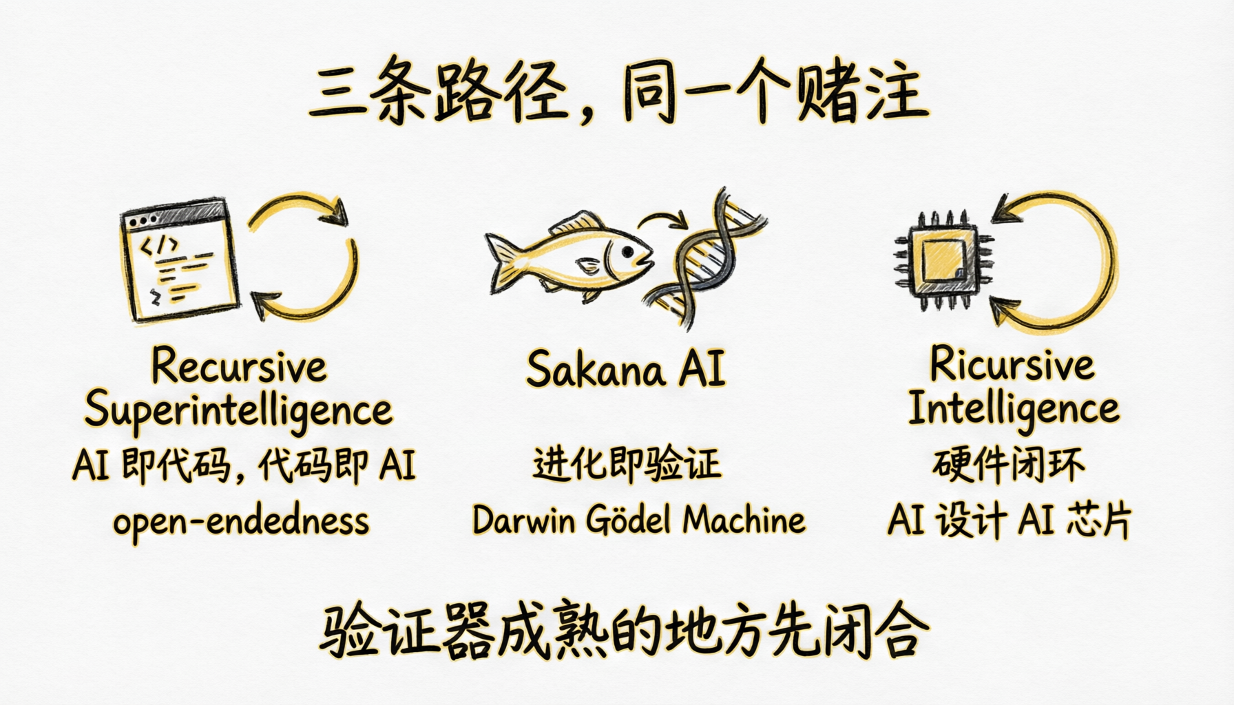 三条路径,同一个赌注:代码、进化、硬件
